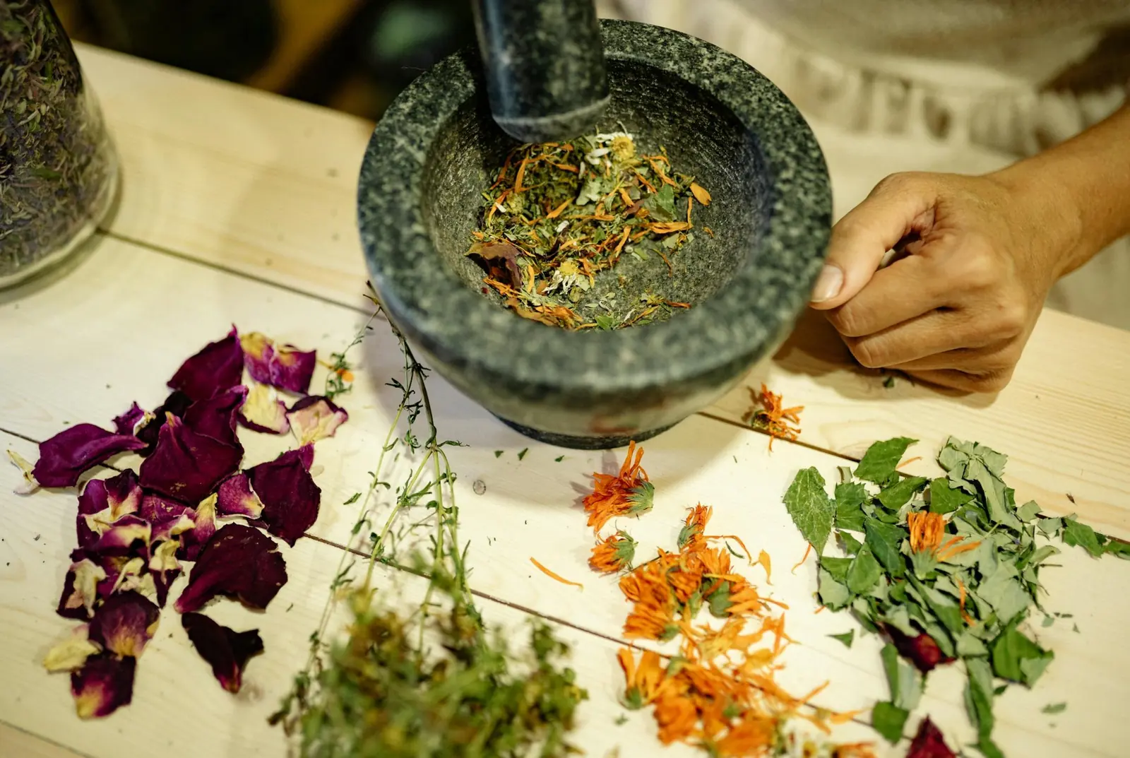 Ayurvedic herbs ground in a mortar and pestle, Kerala